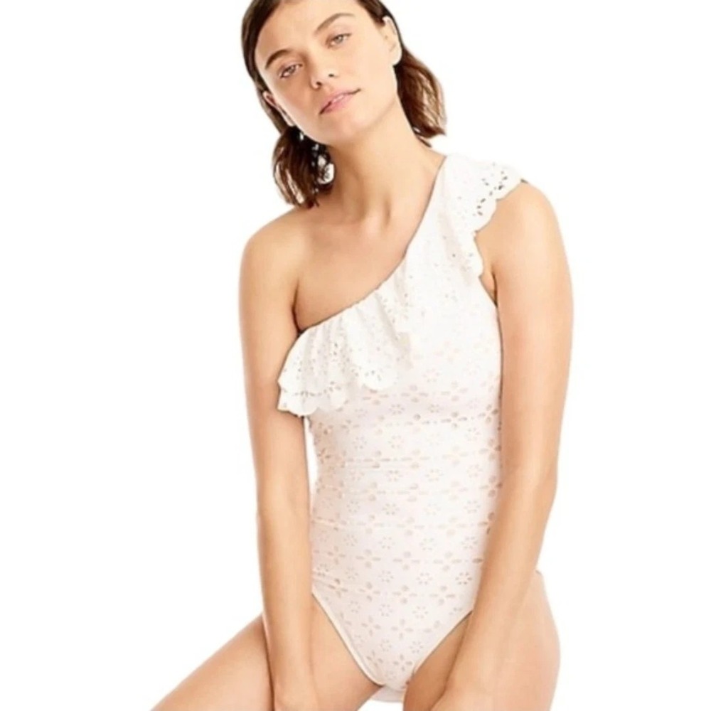J.Crew Swimsuit 10 One Piece Scallop Cream Ruffle One Shoulder Eyelet Laser-Cut